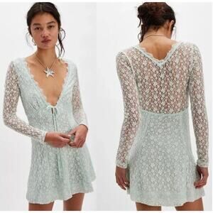 NWT Free People Petra Lace Long Sleeve Mini Dress Billowing Sail Mint Size Small
